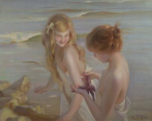 Due ragazze con una stella marina su una spiaggia da Maurice Chabas