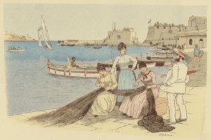 Un uomo che chiacchiera con un gruppo di donne che riparano reti da pesca a Villefranche, Francia da Maurice Charles Mathieu Bonvoisin