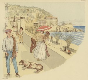 Un venditore di cipolle con la sua merce e persone che si godono la terrazza che porta alla montagna del Rauba-Capeu, Nizza