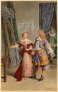 Backstage di Scapin, Armande, Baron e Moliere (illustrazione) da Maurice Leloir