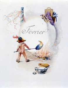 Febbraio "La Chanson du mois" di Jérôme Doucet (Candelora), illustrazione - Maurice Leloir, ed. Reims 1904. L. Michaud da Maurice Leloir