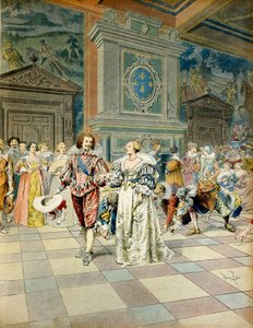 Storia della Francia: George Villiers, Duca di Buckingham (1592-1628) alla corte di Francia, sparge le sue perle sotto i piedi dei cortigiani. Illustrazione di Maurice Leloir (1853-1940) in 