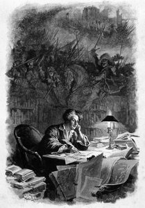 Lo scrittore francese Alexandre Dumas (1802-1870) nel suo ufficio mentre scrive I tre moschettieri nei primi anni 1840. Illustrazione di Maurice Leloir (1851-1940). Diritti riservati da Maurice Leloir