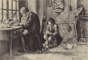 Il giovane Jean-Jacques Rousseau che legge mentre suo padre lavora da Maurice Leloir