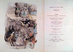 Menu di nozze con illustrazione di Maurice Leloir (1851-1940) di balli in costume e scene galanti, 6/04/1900 da Maurice Leloir