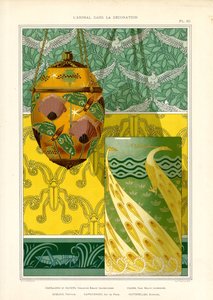 Oggetti decorativi Art Nouveau con pavone, farfalle e colombe (litografia) da Maurice Pillard Verneuil