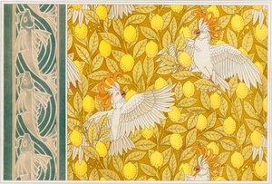 Design per carta da parati con cacatua e limoni e bordo con pesci volanti