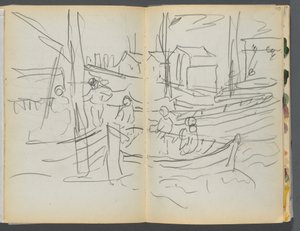 Sketchbook- The Granite Shore Hotel, Rockport, pagina 114 e 115: Figure su una barca a vela da Maurice Prendergast