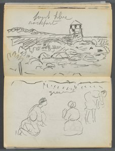 Libro di schizzi - Il Granite Shore Hotel, Rockport, pagine 124 e 125: Faro di Rockport e figure sulla spiaggia da Maurice Prendergast