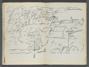 Taccuino di schizzi, The Dells, n. 127, pag. 108 e 109: Paesaggio con case da Maurice Prendergast