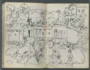 Sketchbook, The Dells, N° 127, pagina 146 e 147: Paesaggio con figure ed edifici da Maurice Prendergast