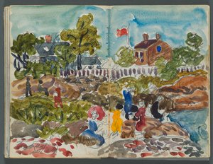 Skizzenbuch, The Dells, Nr. 127, Seite 156 & 157: Küstenlandschaft mit Figuren da Maurice Prendergast