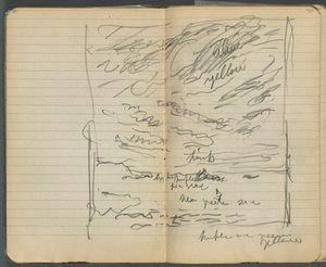 Quaderno di schizzi, pagine 152 e 153: Veduta del mare con annotazioni a colori