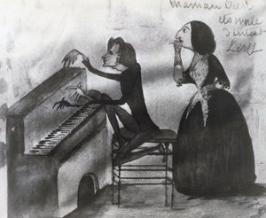 Caricatura di Franz Liszt (1811-1886) e George Sand (1804-1876) a Nohant nel 1832, disegno di Maurice Sand (1825-1889)