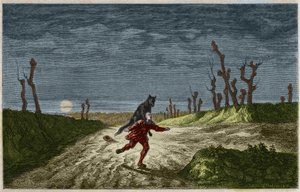 Il lupo mannaro - incisione da un dipinto di Maurice Sand. Incisione del 1857