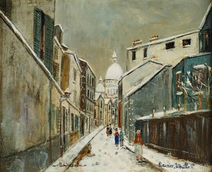 Rue St. Rustique sotto la neve, Montmartre, 1939 circa (olio su tela) da Maurice Utrillo