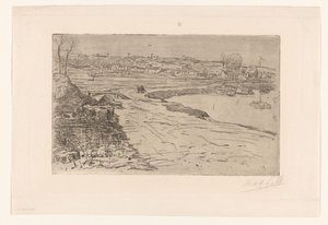 Paesaggio con case e acqua con barche a vela ormeggiate da Maurits van der Valk (signed by artist)