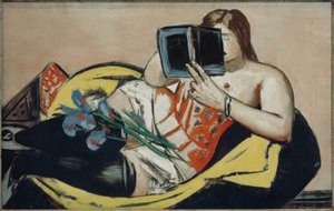 Donna sdraiata con libro e iris
