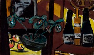 Natura morta su marrone e giallo (Bottiglie di champagne e orchidee) da Max Beckmann