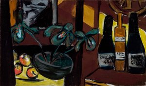 Natura morta in marrone e giallo (bottiglie di champagne e orchidee) da Max Beckmann