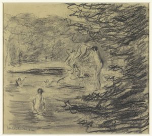 Ragazzi che fanno il bagno in uno stagno nel bosco da Max Liebermann