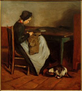 Ragazza che cuce con gatto - Interno olandese da Max Liebermann