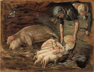 Porcile, asilo nido; Schweinekoben, Wochenstube, 1887 da Max Liebermann