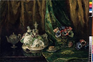 Natura morta con porcellana e fiori