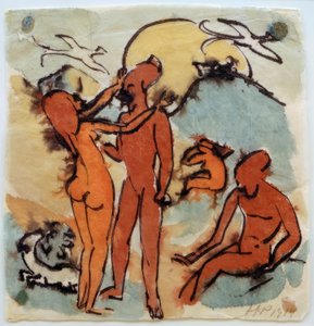 Scena balneare con uccelli timonieri