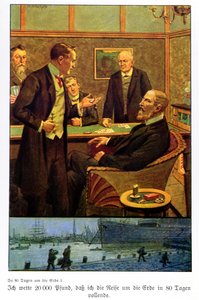 Phileas Fogg accetta la scommessa al Reform Club che può fare il giro del mondo in 80 giorni, illustrazione da un
