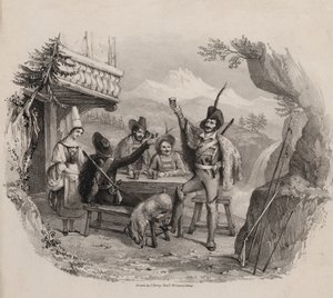 Cacciatori in montagna che si godono un drink in una taverna (incisione)