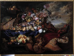 Cesto di frutta, fiori e liuto su tappeto da Maximilian Pfeiler or Pfeiller