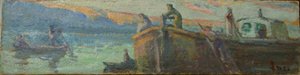 Paesaggio fluviale con chiatta e barche da Maximilien Luce