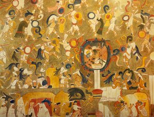 Ricostruzione di un dipinto Maya di Chichen Itza (Yucatan, Messico) che raffigura una scena di battaglia. Civiltà Maya. da Mayan Mayan