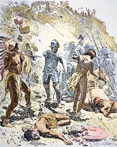 La Rivolta degli Indiani Pueblo del 1680 (incisione colorata) da Maynard Dixon
