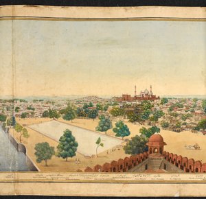 Sezione di un panorama di Delhi, che mostra la Jama Masjid da Mazar or Mazhar Ali Khan