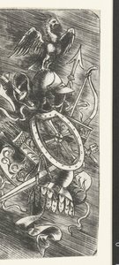 Aquila sopra trofei di armi tra cui varie armi da Meester van 1515