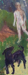 Uomo bianco che portava a spasso un cane nero, 2016 (olio su tela) da Megan Williamson