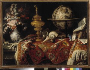 Vaso di fiori, globo astrale, libri e lavori in oro su un tappeto da Meiffren (c.1630 1705) Conte