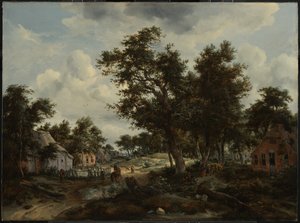 Paesaggio boscoso con viaggiatori su un sentiero attraverso un villaggio da Meindert Hobbema