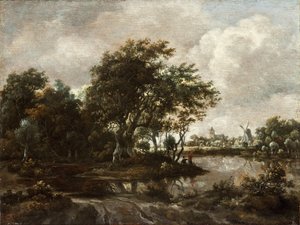 Paesaggio con pescatori e una città lontana da Meindert Hobbema
