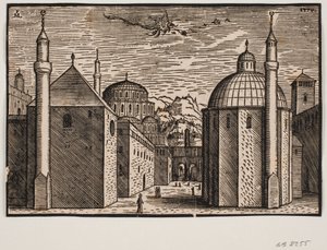 3 moschee, ciascuna con 1 minareto; nel cielo un drago volante con lunga coda da Melchior Lorck
