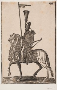 Soldato a cavallo, profilo a sinistra; lancia con bandiera, arco accanto, scudo circolare, faretra; copricapo con piume da Melchior Lorck