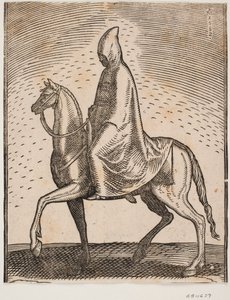 Cavaliere con mantello e cappello, profilo verso sinistra; sotto il mantello si intravede una spada