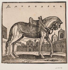 Cavallo elegante sellato, profilo a destra, su una piazza rettangolare da Melchior Lorck