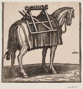 Un cavallo da soma ancora non caricato con un telaio sulla schiena, visto da dietro a sinistra. da Melchior Lorck