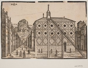 Strada, in primo piano moschea e minareto isolato da Melchior Lorck