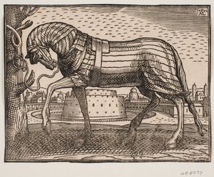 Cavallo coperto da un drappo, profilo verso sinistra, legato a un albero; sullo sfondo città con castello conico in fossato circolare da Melchior Lorck
