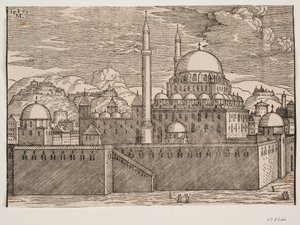 Immagine idealizzata della Moschea Bayazidiye, vista da sud-est da Melchior Lorck