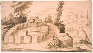 Paesaggio con un cerchio di pietre e una vecchia con un bambino da Melchior Lorck